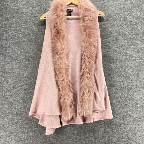 Questions Vest Women S/M Pink Knit Open Front Sleeveless Fur Trim Casual Solid - Picture 4 of 10